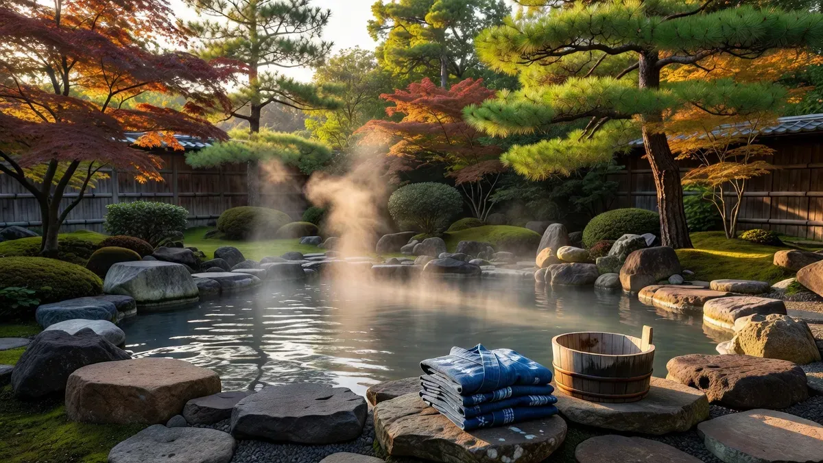 Steam rising from an open-air natural hot spring bath in a traditional Japanese garden