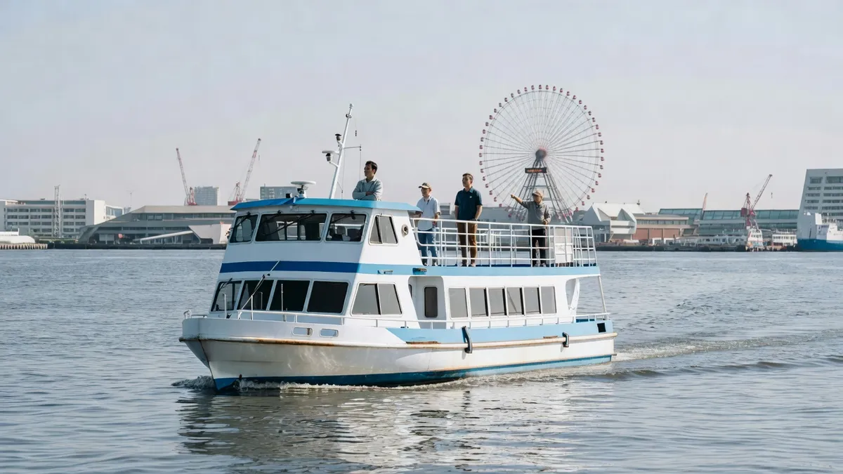 The Captain Line shuttle ferry crossing Osaka Bay between Osaka Aquarium Kaiyukan and Universal Studios Japan, with passengers on the open-air upper deck