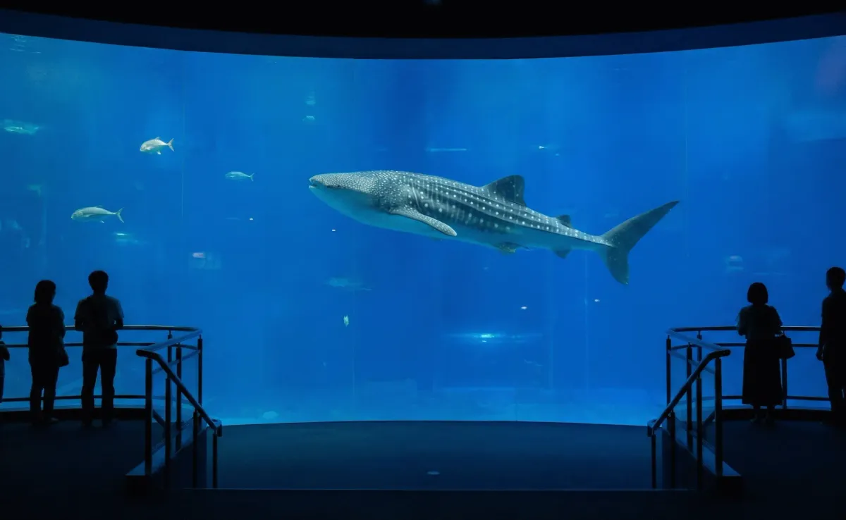 Whale shark gliding through the towering Pacific Ocean tank at Osaka Aquarium Kaiyukan, with visitors watching from the spiral walkway