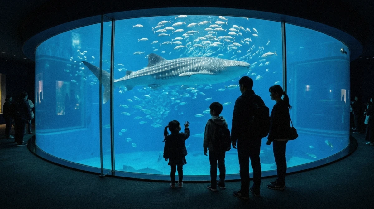 Families watching a whale shark glide through the giant Pacific Ocean tank at Osaka Aquarium Kaiyukan, the aquarium stop on a private Osaka family day tour