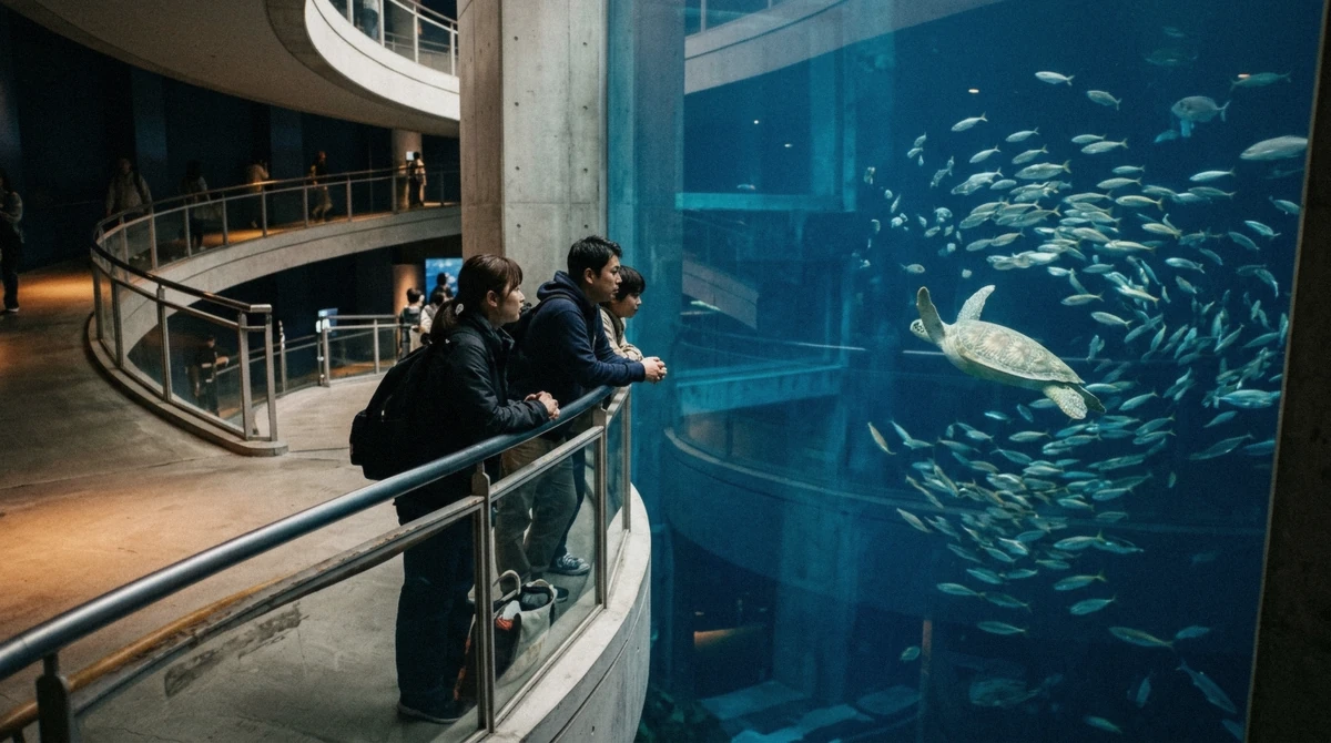 Visitors on the spiral walkway beside a tall blue tank at Osaka Aquarium Kaiyukan, the afternoon stop on the spring nemophila day trip