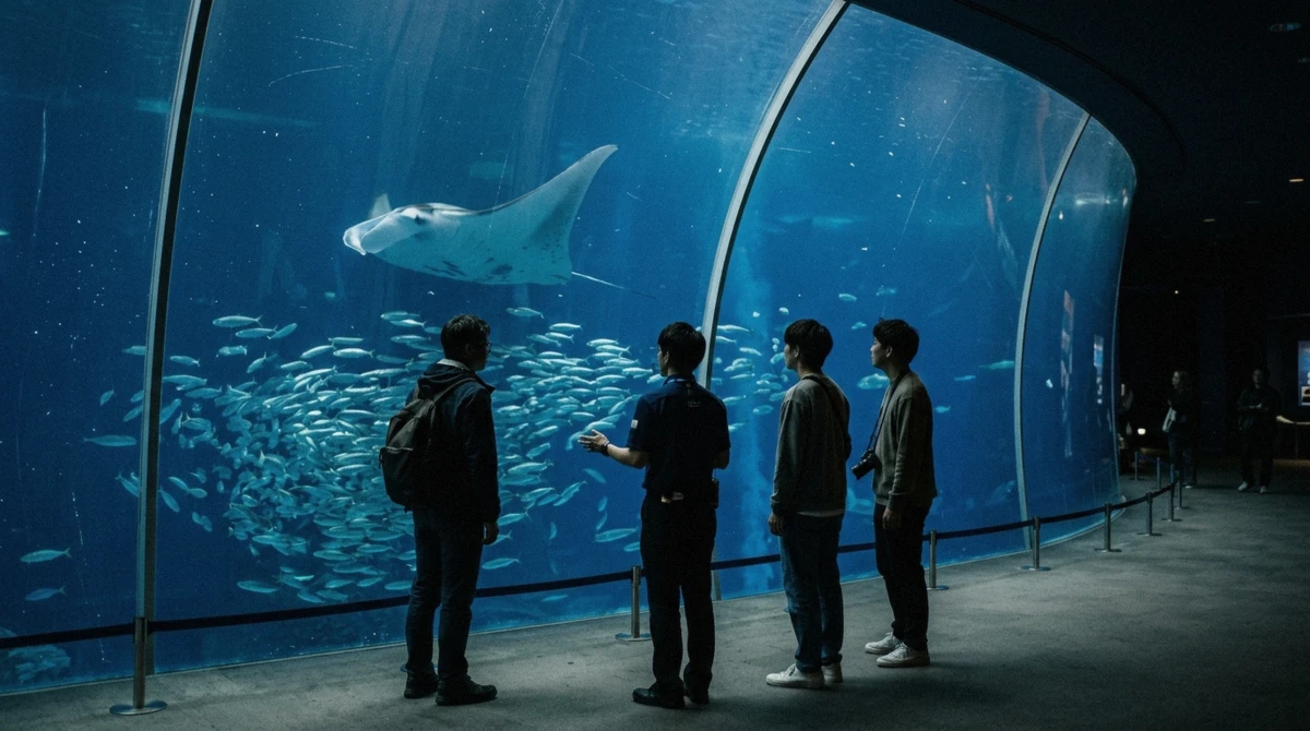 A local guide and a small group watching a manta ray glide past the giant curved window of the main tank at Osaka Aquarium Kaiyukan