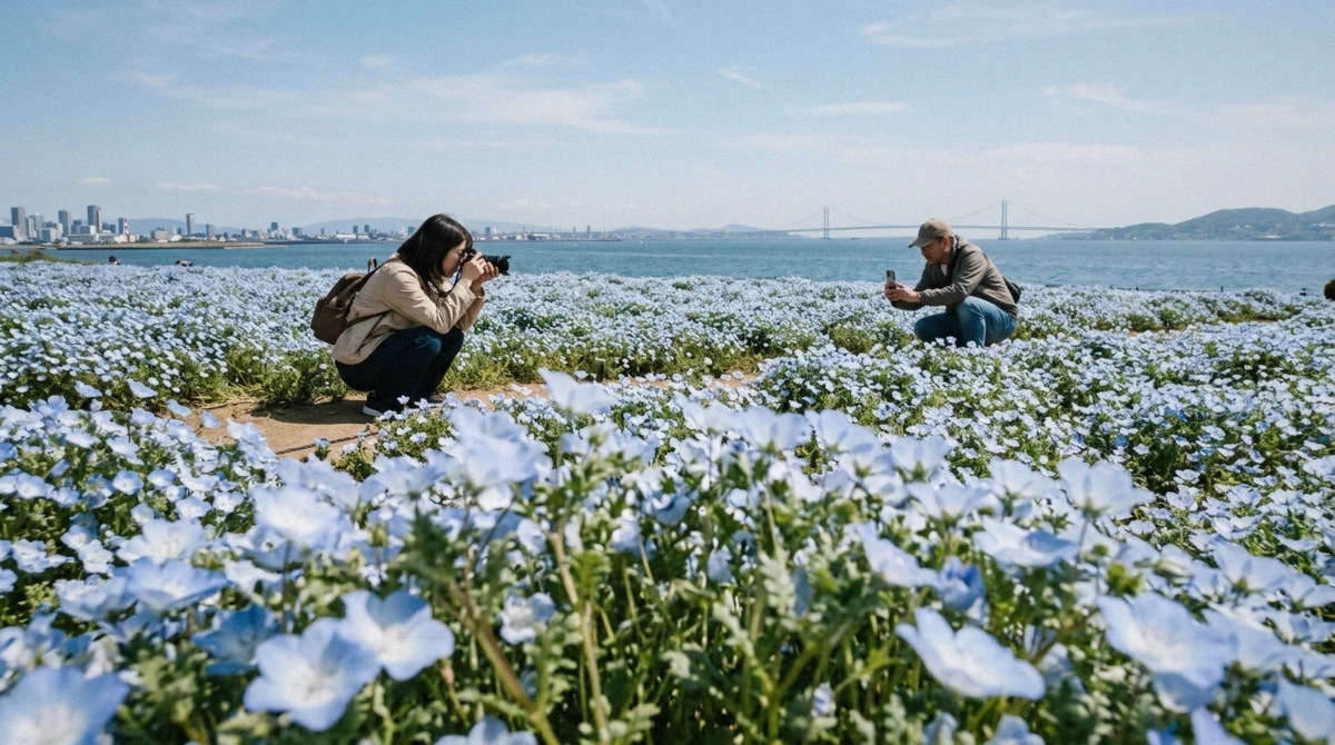 Visitors photographing a field of pale blue nemophila flowers above Osaka Bay on the spring day trip that also visits Osaka Aquarium Kaiyukan