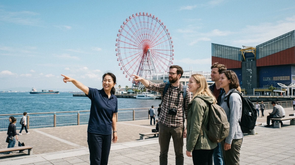 Travelers with a local guide on the Tempozan waterfront beside Osaka Aquarium Kaiyukan and the red Ferris wheel on a bright day