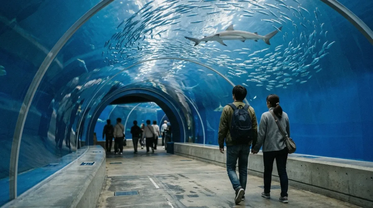 The ticket entrance gate at Osaka Aquarium with visitors scanning tickets before a day exploring the aquarium in Osaka