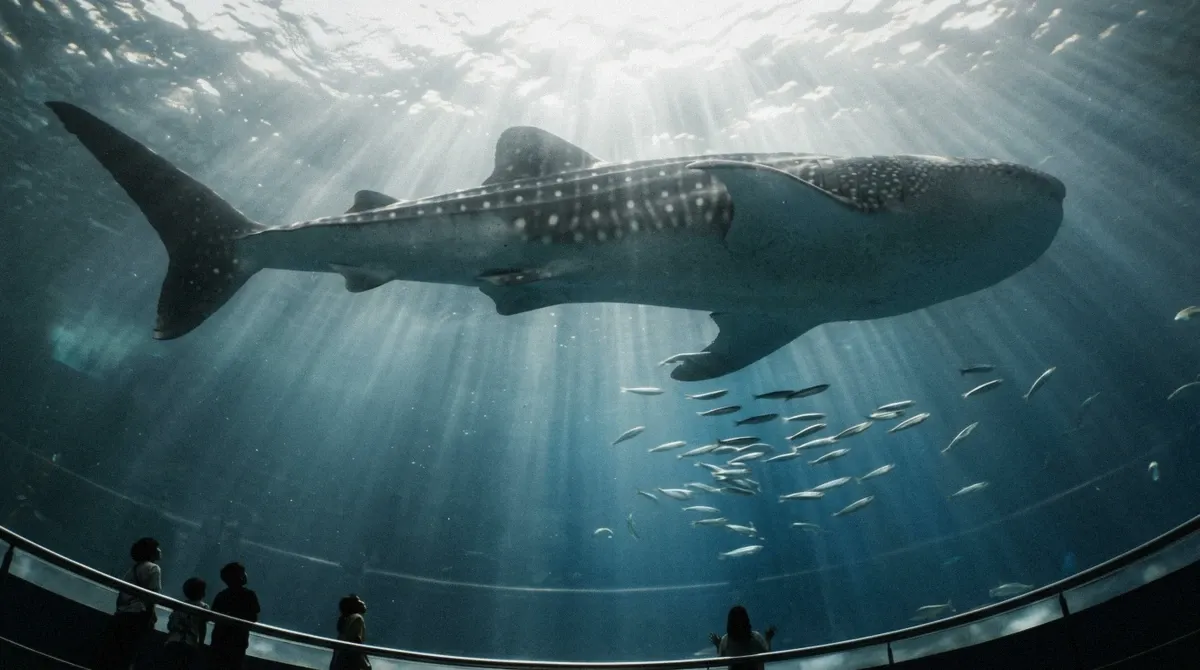 A whale shark gliding overhead in the Pacific Ocean tank, the signature sight for anyone asking what you'll see at Osaka Aquarium